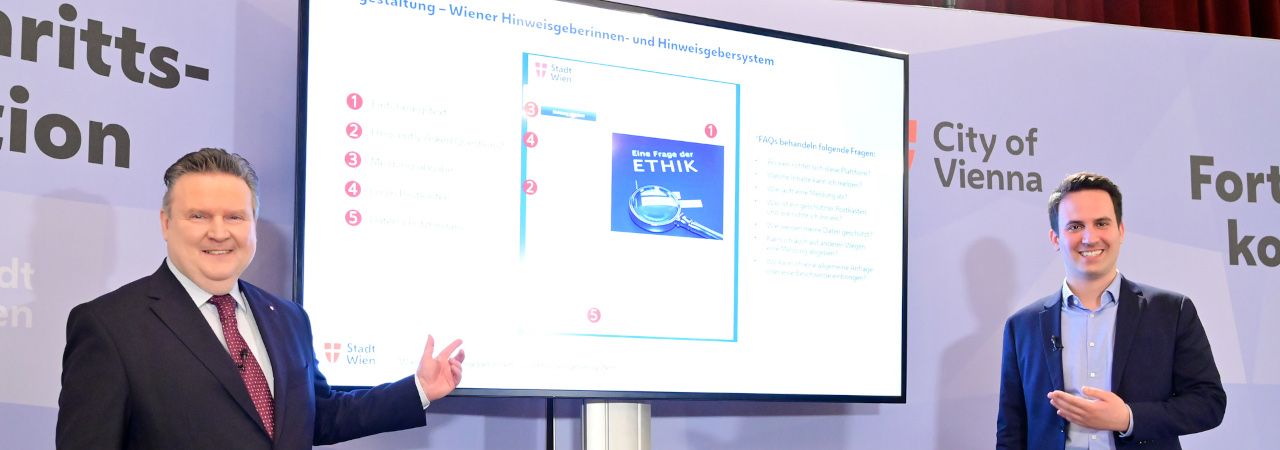 Bürgermeister Michael Ludwig und Stadtrat Christoph Wiederkehr präsentieren Whistleblower-Plattform