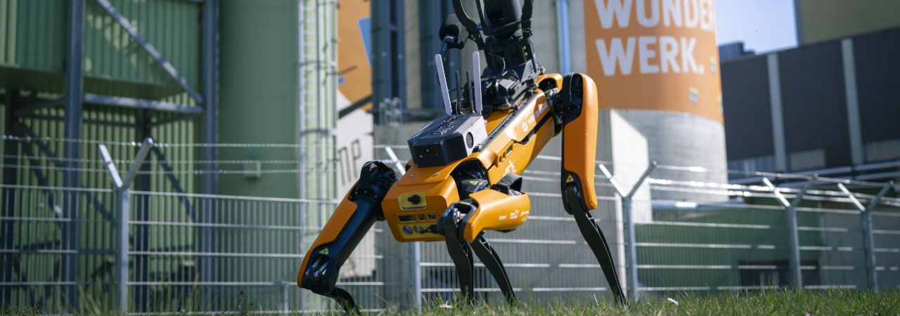 Roboterhund auf einer Wiese vor dem Kraftwerk