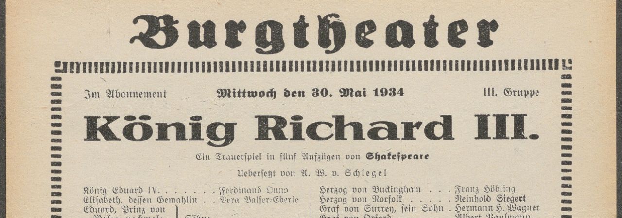 Theaterzettel zu Richard III. im Burgtheater vom 30. Mai 1934