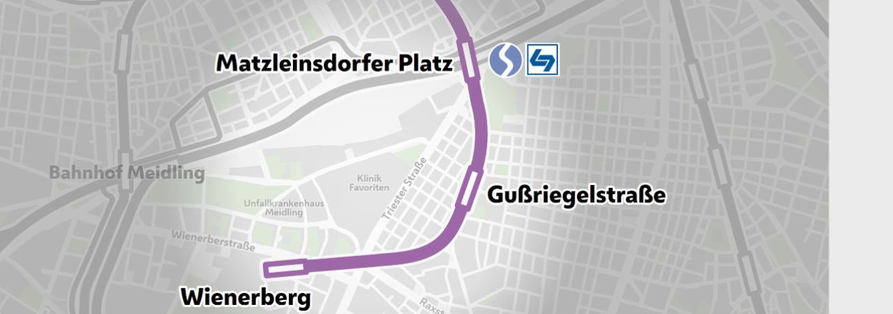 Stadtplan mit den zusätzlichen Stationen ab Matzleinsdorfer Platz