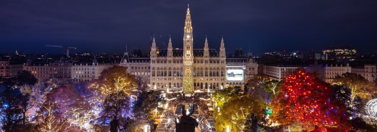 Der Wiener Christkindlmarkt bei Nacht vor dem beleuchteten Rathaus