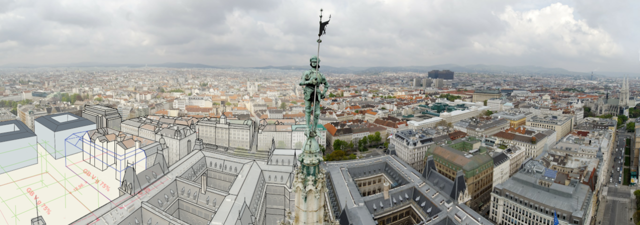 Ansicht von Wien vom Rathausmann aus, der linke Teil ist skizziert.