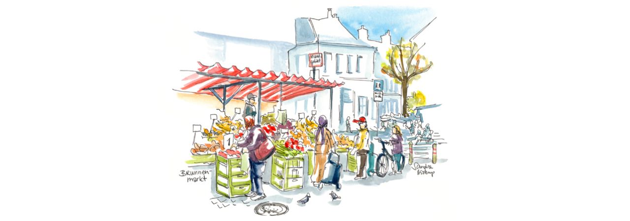 Drawing of market stands on Vienna's Brunnenmarkt