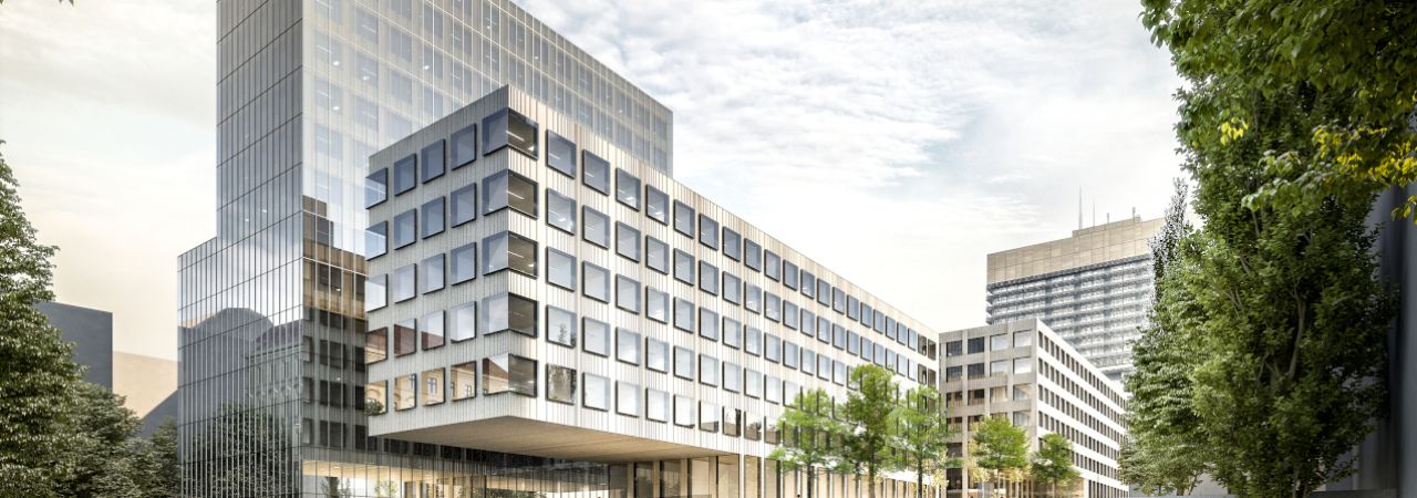 Rendering der neuen Forschungsgebäude der MedUni Wien mit dem Eric Kandel Institut – Zentrum für Präzisionsmedizin im Vordergrund