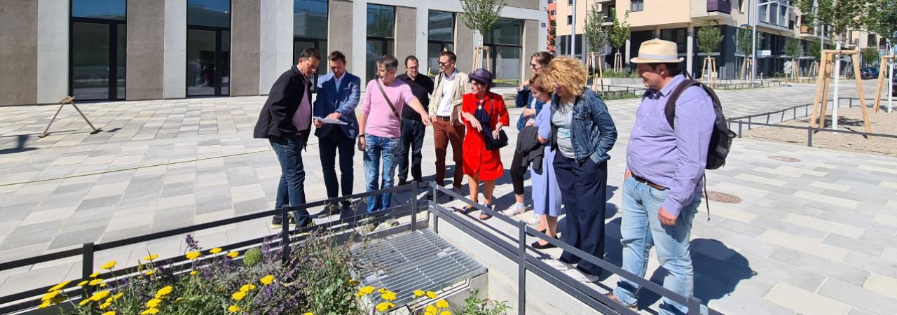 Die Delegationsteilnehmer*innen steht versammelt vor einem eingezäunten Blumenbeet, ein Mann spricht.