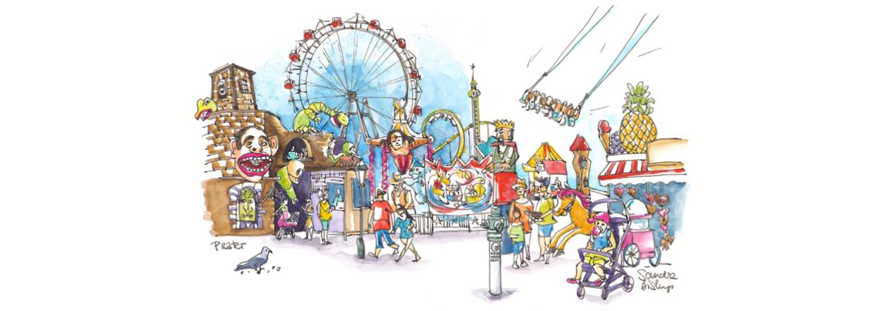 Drawing: Attractions and hustle and bustle in the Viennese amusement park called Prater