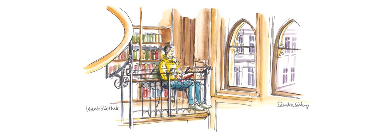 Zeichnung: Mann im Lesesaal der Wienbibliothek