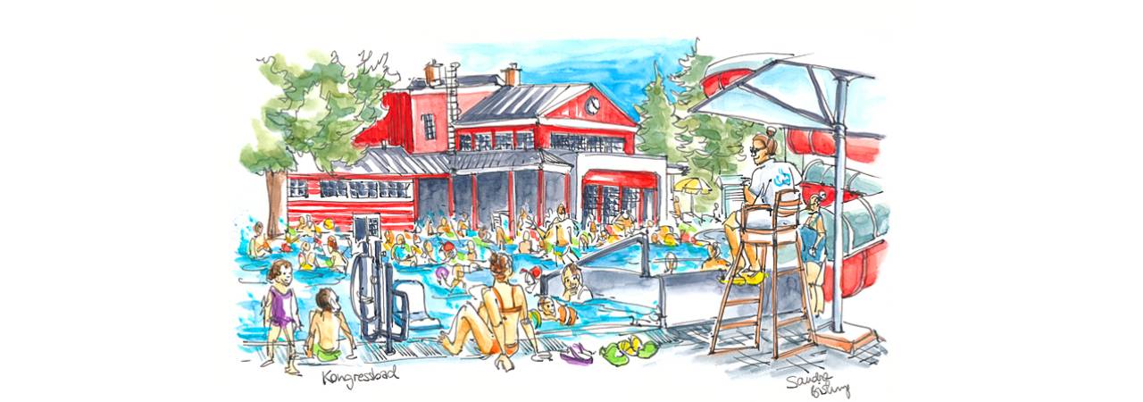 Zeichnung: Gut besuchtes Kongreßbad im Sommer