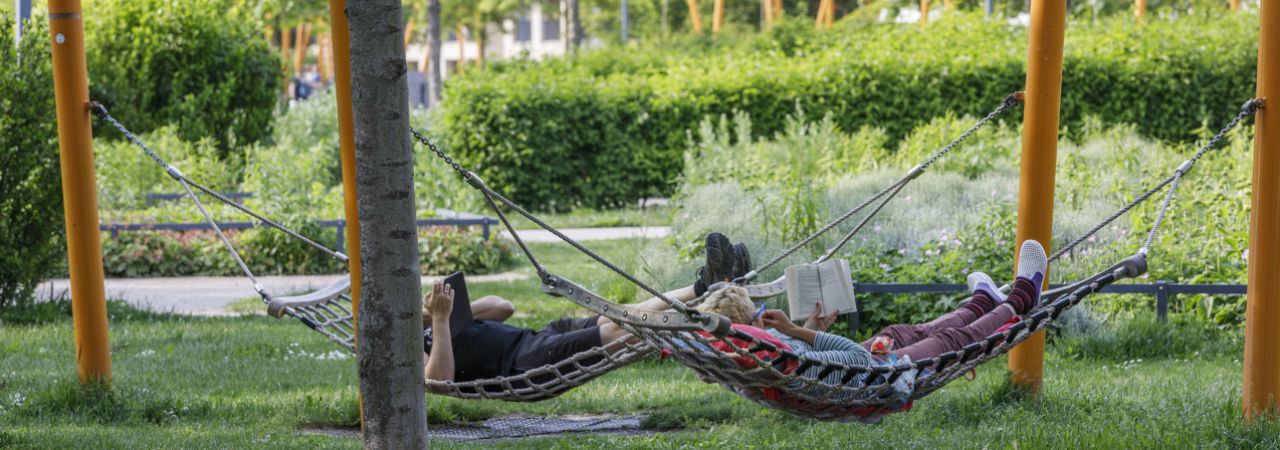 Zwei Personen liegen in einer Hängematte in einer Parkanlage