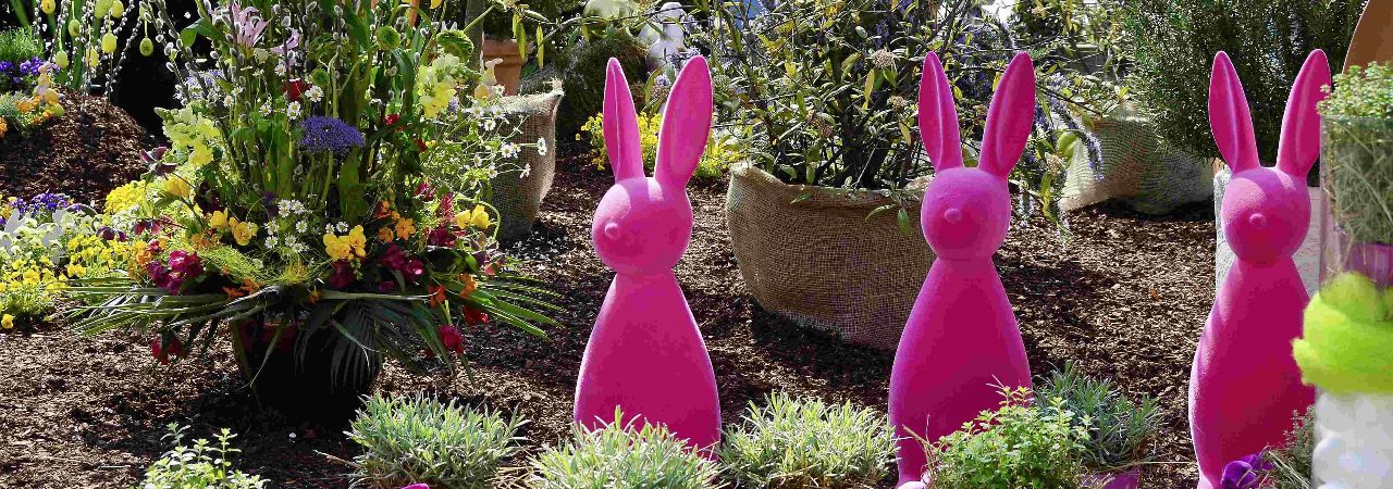 Розови великденски зайци и цветя във Виенските оранжерии