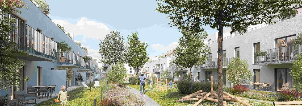 Рендъринг на новия жилищен комплекс със зелени площи