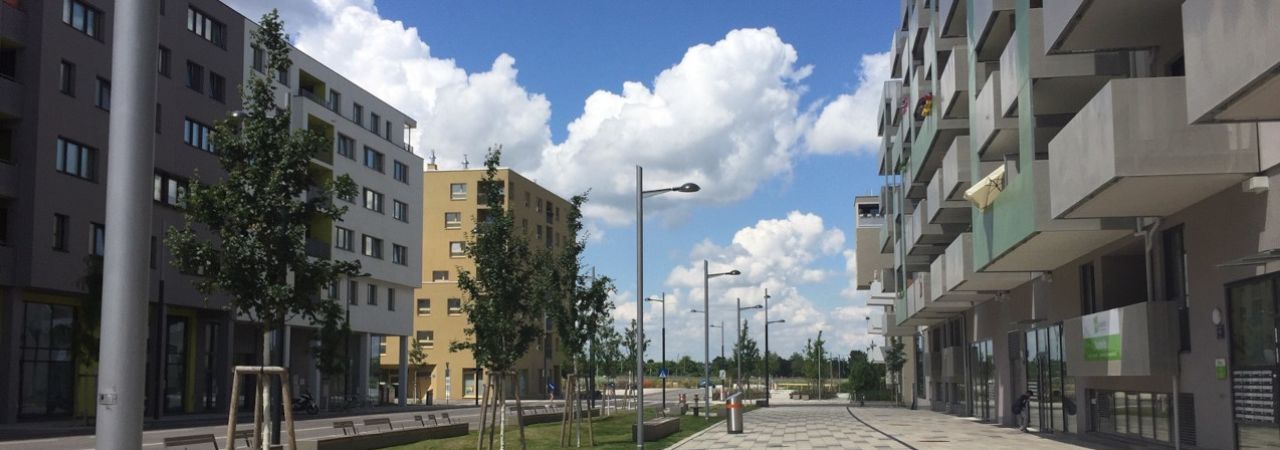 Moderne Wohngebäude entlang einer Straße mit Straßenlampen, in der Mitte ein Grünstreifen mit Rasen und jungen Bäumen.